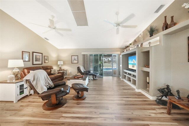 37 Pepe Ct, Punta Gorda, FL 33983 - living room with ceiling fan, light wood-style floors, high vaulted ceiling, and built in features