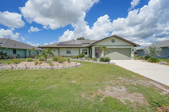 37 Pepe Ct, Punta Gorda, FL 33983 - ranch-style home featuring stucco siding, solar panels, a front lawn, driveway, and a garage