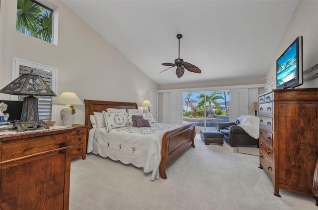 250 Freeport Ct, Punta Gorda, FL 33950 - bedroom featuring light carpet, high vaulted ceiling, and ceiling fan