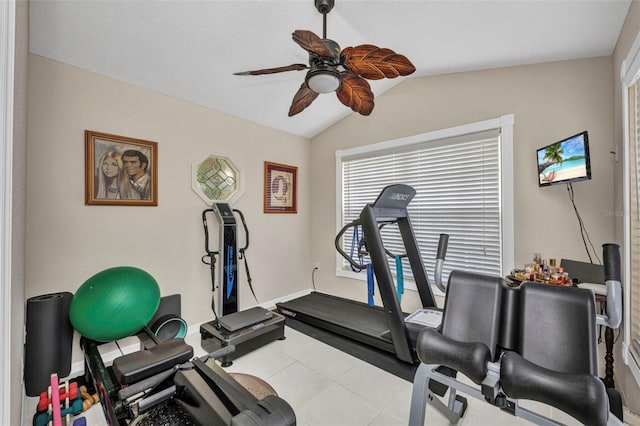 250 Freeport Ct, Punta Gorda, FL 33950 - exercise area featuring ceiling fan, lofted ceiling, and healthy amount of natural light