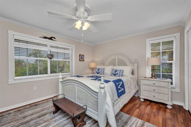 250 Freeport Ct, Punta Gorda, FL 33950 - bedroom with multiple windows, ornamental molding, dark wood-style flooring, and a ceiling fan