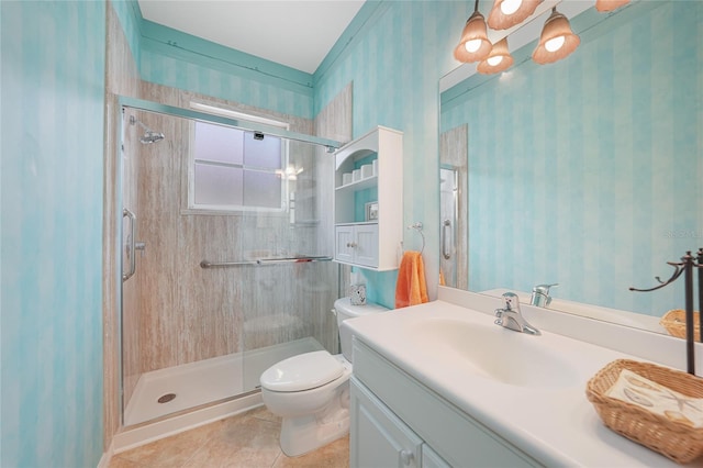 1527 Aqui Esta Dr Unit 3, Punta Gorda, FL 33950 - full bathroom with vanity, a shower stall, wallpapered walls, and tile patterned flooring