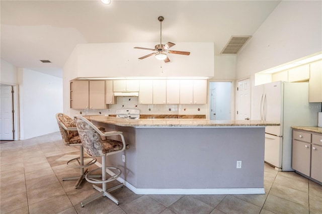 23101 Hillsdale Ave, Port Charlotte, FL 33954 - kitchen with white appliances, ceiling fan, under cabinet range hood, light stone counters, and a kitchen breakfast bar