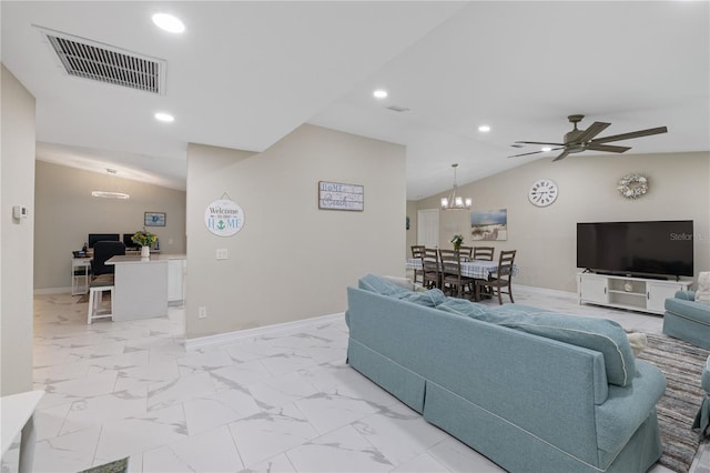 1141 Paraclete Rd, Punta Gorda, FL 33983 - living area with vaulted ceiling, a desk, light marble finish floors, recessed lighting, and ceiling fan
