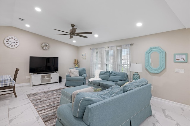 1141 Paraclete Rd, Punta Gorda, FL 33983 - living room featuring light marble finish flooring, a ceiling fan, recessed lighting, and vaulted ceiling