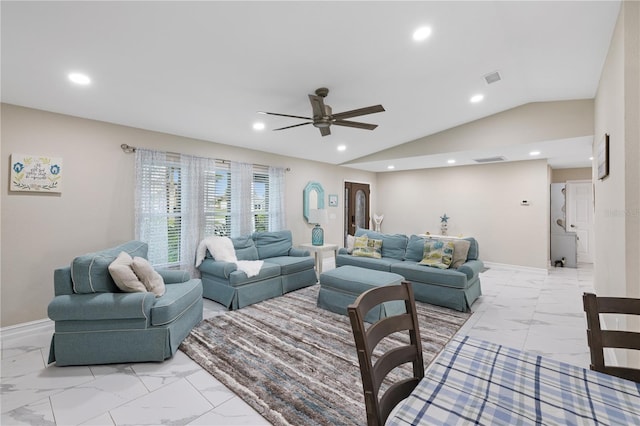1141 Paraclete Rd, Punta Gorda, FL 33983 - living room with light marble finish floors, a ceiling fan, recessed lighting, and lofted ceiling