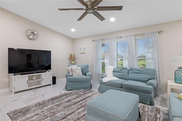 1141 Paraclete Rd, Punta Gorda, FL 33983 - living room featuring ceiling fan, light marble finish flooring, recessed lighting, and lofted ceiling