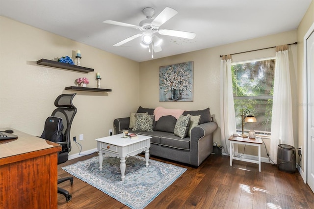 2373 Chartwell Ave, North Port, FL 34288 - living area with an office area, ceiling fan, and dark wood-style flooring