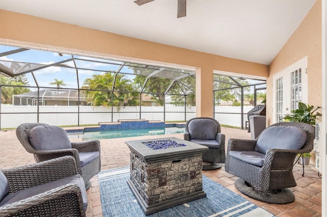 2373 Chartwell Ave, North Port, FL 34288 - view of patio / terrace featuring a fire pit, a lanai, and a ceiling fan
