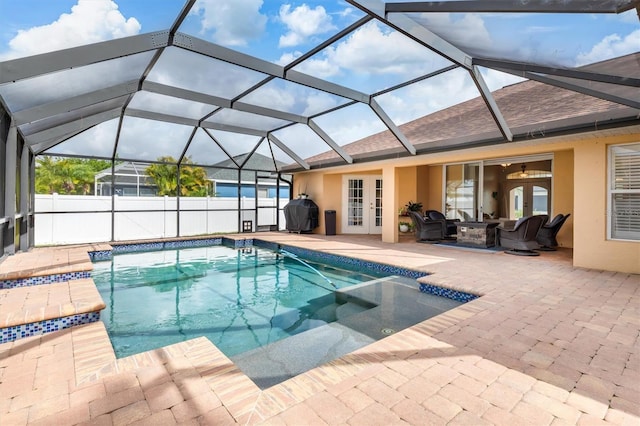 2373 Chartwell Ave, North Port, FL 34288 - view of pool featuring french doors, a patio area, a grill, outdoor lounge area, and glass enclosure