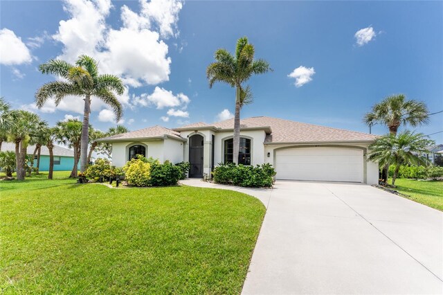 167 Marker Rd, Rotonda West, FL 33947 - view of front facade featuring stucco siding, a garage, driveway, and a front lawn