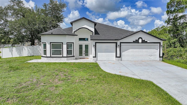 1523 Napoleon Rd, North Port, FL 34288 - view of front facade featuring french doors, a garage, a shingled roof, concrete driveway, and stucco siding