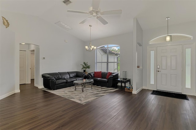 4038 Corydon Ave, North Port, FL 34286 - foyer with dark wood-type flooring, arched walkways, lofted ceiling, ceiling fan, and a chandelier