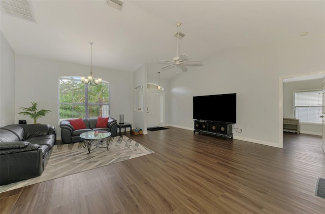 4038 Corydon Ave, North Port, FL 34286 - living area with plenty of natural light, vaulted ceiling, wood finished floors, and ceiling fan