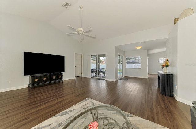 4038 Corydon Ave, North Port, FL 34286 - living area featuring wood finished floors, ceiling fan, and lofted ceiling