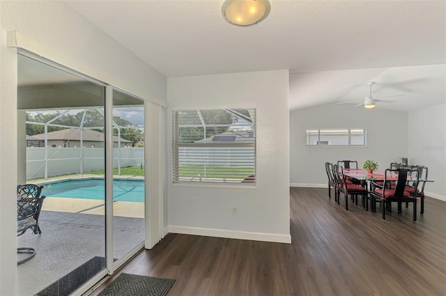 4038 Corydon Ave, North Port, FL 34286 - dining room with dark wood-style flooring, a ceiling fan, and lofted ceiling