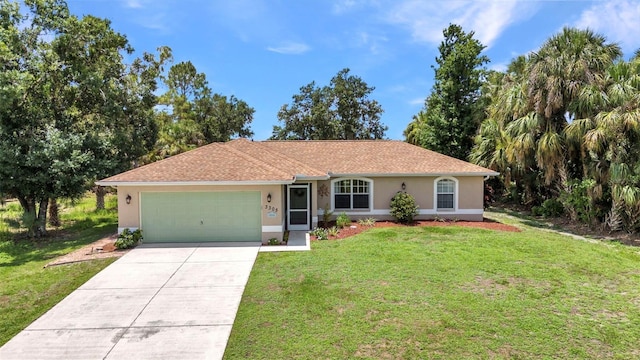 3305 Nansen Ln, North Port, FL 34286 - ranch-style house featuring stucco siding, a garage, driveway, and a front lawn