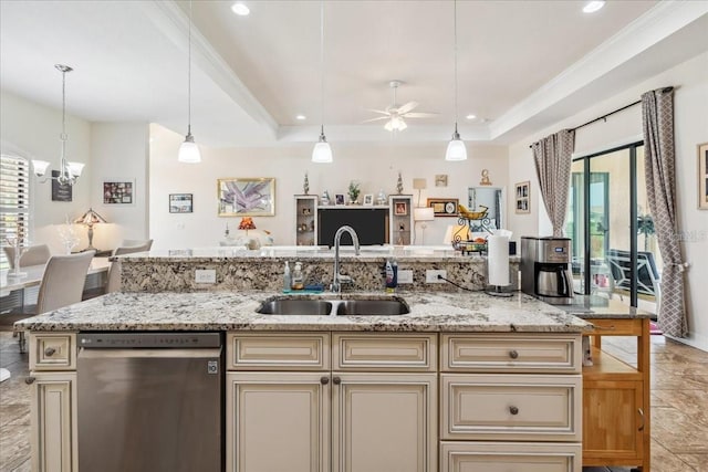 1275 Blue Lake Cir, Punta Gorda, FL 33983 - kitchen with cream cabinetry, dishwasher, healthy amount of natural light, recessed lighting, and crown molding