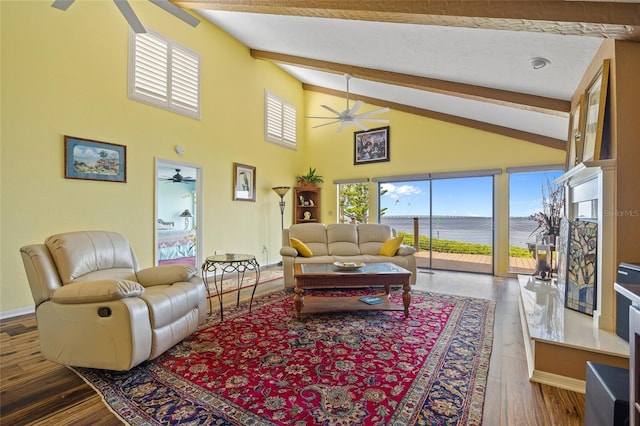 25188 Marion Ave Unit 45, Punta Gorda, FL 33950 - living area with ceiling fan, beamed ceiling, high vaulted ceiling, wood finished floors, and a water view