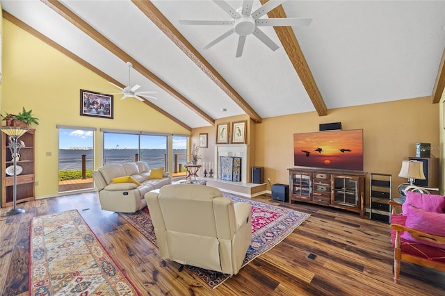 25188 Marion Ave Unit 45, Punta Gorda, FL 33950 - living area featuring a ceiling fan, high vaulted ceiling, beamed ceiling, and wood finished floors