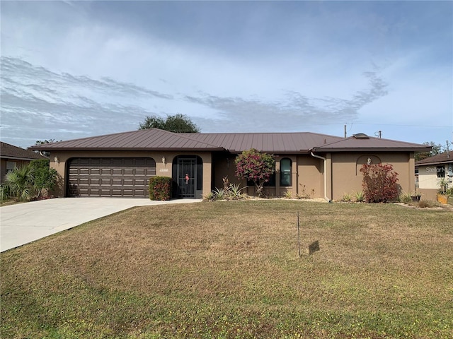 21460 Sheldon Ave, Port Charlotte, FL 33952 - ranch-style home with stucco siding, an attached garage, concrete driveway, a front lawn, and a metal roof