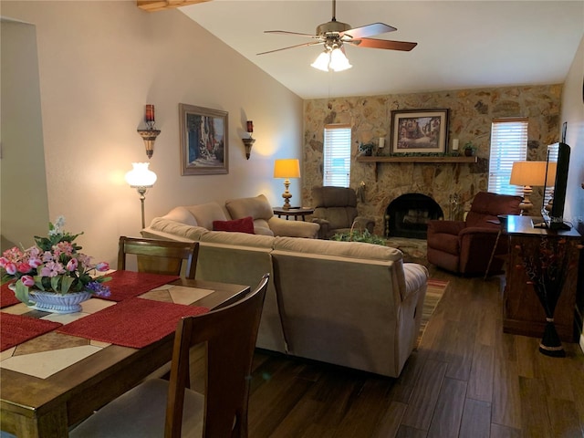 21460 Sheldon Ave, Port Charlotte, FL 33952 - living area featuring ceiling fan, dark wood-style flooring, lofted ceiling, and a fireplace