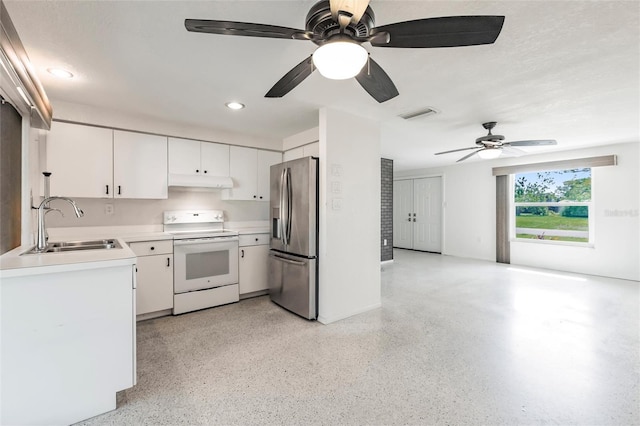 3497 Cohoes St, Port Charlotte, FL 33952 - kitchen featuring stainless steel refrigerator with ice dispenser, white electric range oven, under cabinet range hood, a ceiling fan, and white cabinets