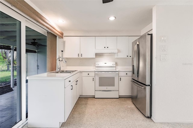 3497 Cohoes St, Port Charlotte, FL 33952 - kitchen featuring stainless steel refrigerator with ice dispenser, white electric range oven, under cabinet range hood, ceiling fan, and white cabinetry