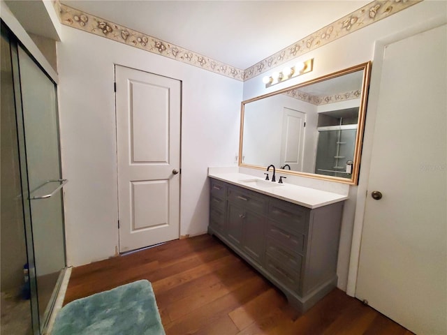 3456 Highlands Rd, Punta Gorda, FL 33983 - full bathroom with vanity, wood finished floors, and a shower stall