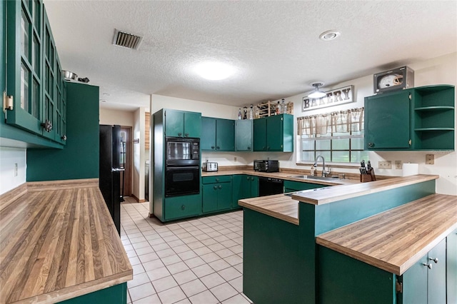 2788 SW County Road 769, Arcadia, FL 34266 - kitchen with black appliances, a peninsula, open shelves, green cabinets, and a textured ceiling