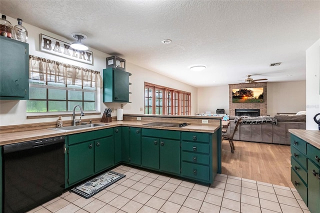 2788 SW County Road 769, Arcadia, FL 34266 - kitchen featuring black appliances, a fireplace, plenty of natural light, a peninsula, and a textured ceiling