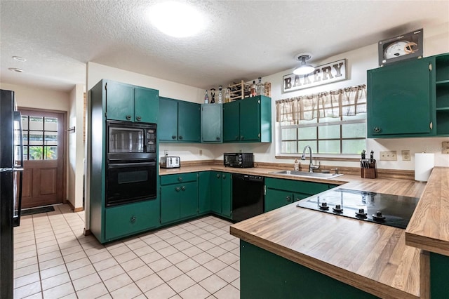 2788 SW County Road 769, Arcadia, FL 34266 - kitchen featuring black appliances, a textured ceiling, open shelves, green cabinetry, and wooden counters
