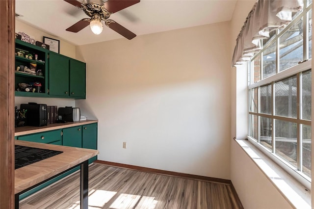 2788 SW County Road 769, Arcadia, FL 34266 - kitchen featuring green cabinets, open shelves, wood finished floors, ceiling fan, and light countertops