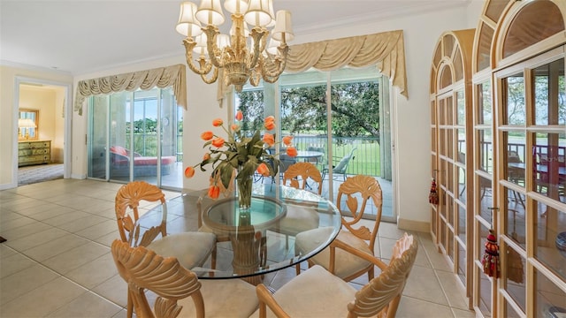 786 Regency Reserve Cir Unit 1404, Naples, FL 34119 - dining space with ornamental molding, tile patterned floors, a chandelier, and french doors