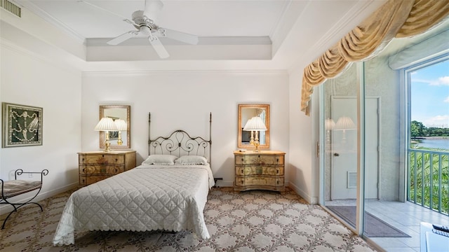 786 Regency Reserve Cir Unit 1404, Naples, FL 34119 - bedroom featuring access to outside, crown molding, ceiling fan, and a tray ceiling
