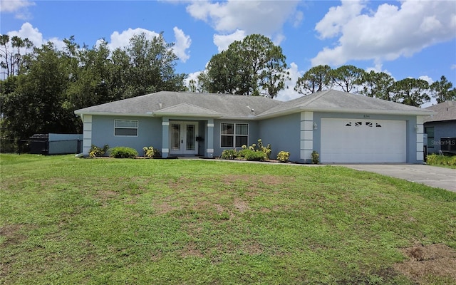 6341 Opa Locka Ln, North Port, FL 34291 - ranch-style house with french doors, stucco siding, a garage, and a front lawn