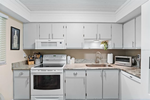 19505 Quesada Ave Unit Vv201, Port Charlotte, FL 33948 - kitchen featuring white appliances, white cabinets, wood ceiling, and open shelves