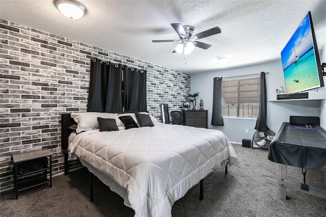 8513 Heister St, Punta Gorda, FL 33982 - bedroom featuring carpet flooring, a textured ceiling, a fireplace, brick wall, and a ceiling fan