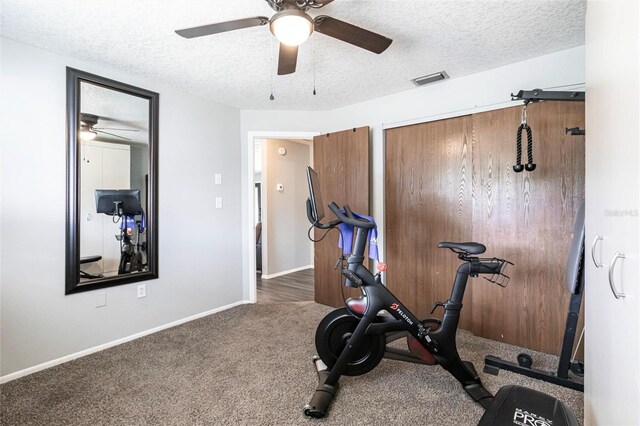 8513 Heister St, Punta Gorda, FL 33982 - exercise room featuring a ceiling fan, a textured ceiling, and carpet floors