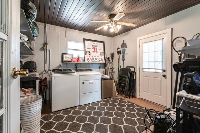 8513 Heister St, Punta Gorda, FL 33982 - washroom featuring washer and dryer, healthy amount of natural light, a ceiling fan, and wood ceiling