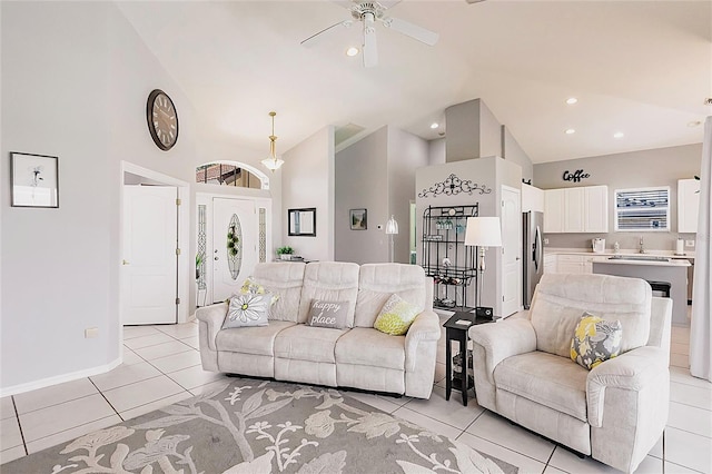 2105 Deborah Dr, Punta Gorda, FL 33950 - living area with ceiling fan, light tile patterned floors, high vaulted ceiling, and recessed lighting