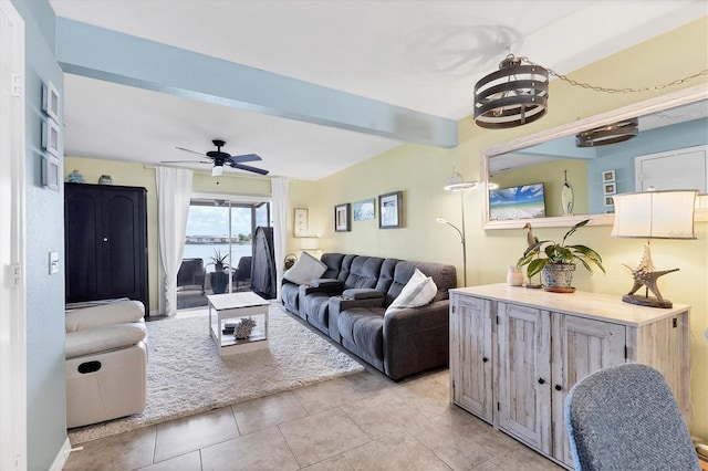 26310 Rampart Blvd Unit 504, Punta Gorda, FL 33983 - living area with light tile patterned floors, a ceiling fan, beam ceiling, and a chandelier