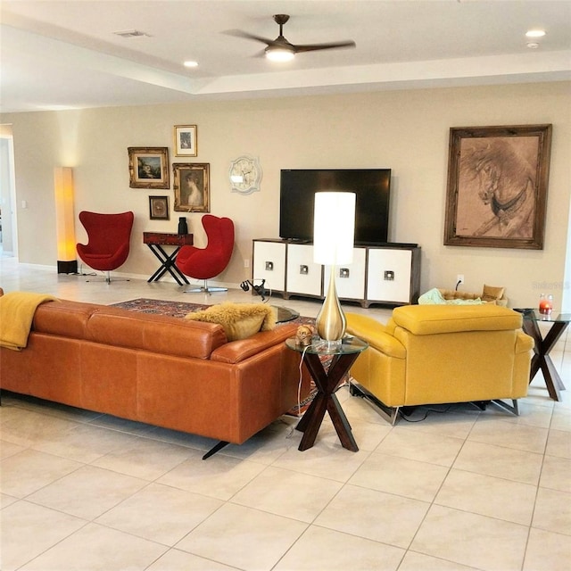 25224 Lahore Ln, Punta Gorda, FL 33983 - living room featuring light tile patterned flooring, a ceiling fan, and recessed lighting