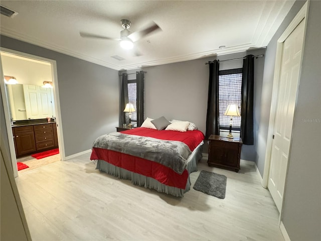 11220 Paseo Grande Blvd Unit 5207, Fort Myers, FL 33912 - bedroom featuring light wood finished floors, ornamental molding, connected bathroom, and ceiling fan