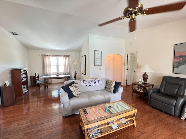 2526 Brazilia Ct, Punta Gorda, FL 33950 - living area featuring ceiling fan, dark wood-style flooring, and arched walkways
