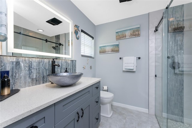 26254 Stillwater Cir, Punta Gorda, FL 33955 - bathroom featuring a shower stall, backsplash, vanity, and tile patterned flooring