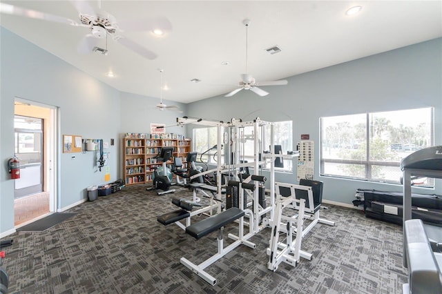 26254 Stillwater Cir, Punta Gorda, FL 33955 - exercise room featuring ceiling fan, carpet, healthy amount of natural light, vaulted ceiling, and recessed lighting