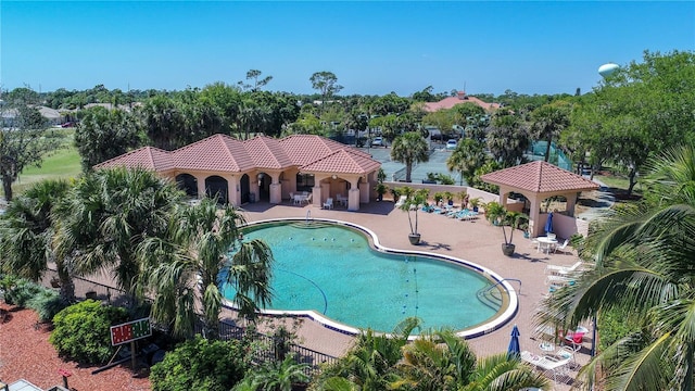 26254 Stillwater Cir, Punta Gorda, FL 33955 - community pool with a patio, a gazebo, and view of wooded area
