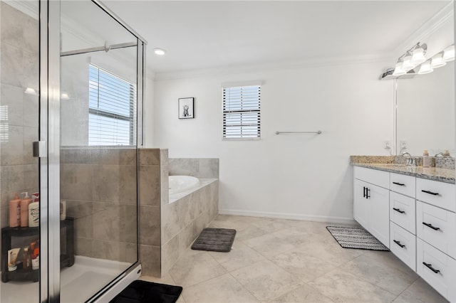 11105 Balfour St E, Venice, FL 34293 - full bath featuring vanity, a bath, crown molding, a shower stall, and tile patterned floors