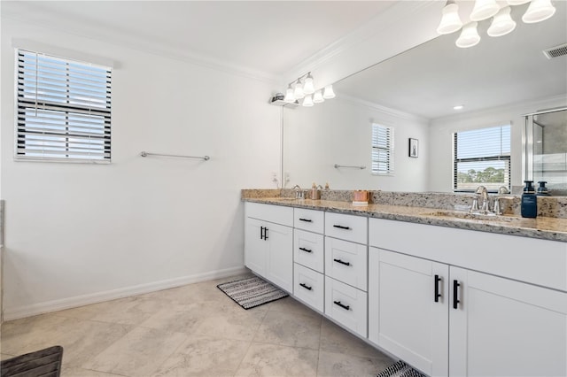 11105 Balfour St E, Venice, FL 34293 - full bath featuring ornamental molding, double vanity, a stall shower, and a chandelier